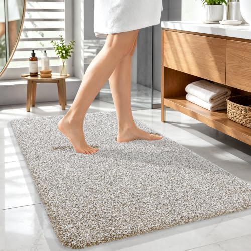 OLANLY Microfiber Bathroom Rugs 44x32, Quick Dry Bath Mat, Beige and White