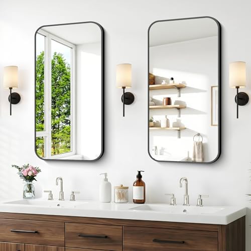 BONEWEI 20x36 inch Bathroom Mirror 2-Pack,Black Rectangle Mirror,Wall Mounted Bathroom Frame Vanity Mirror with Round Corner for Bedroom Living Room, Entryway Hangs Horizontal or Vertical