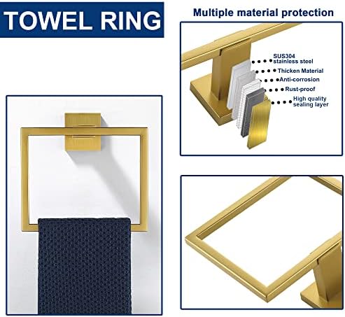 5 Pieces Bathroom Hardware Accessories Set Brushed Gold, 16Inch Bathroom Towel Rack Set SUS304 Stainless Steel, Square Bath Towel bar Set Heavy Duty, Wall Mounted