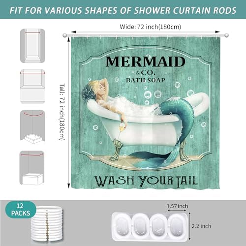 Teal Vintage Mermaid Shower Curtain for Bathroom 72W*72H Inch Little Teal Green Mermaid Wash Your Tail Bathtub Decor Funny Ocean Bathtub Bubbles Wood Aesthetic Waterproof Polyester Fabric