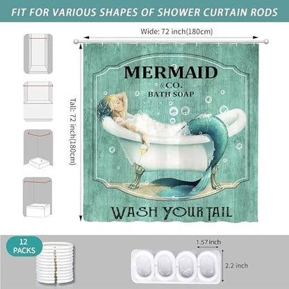 Teal Vintage Mermaid Shower Curtain for Bathroom 72W*72H Inch Little Teal Green Mermaid Wash Your Tail Bathtub Decor Funny Ocean Bathtub Bubbles Wood Aesthetic Waterproof Polyester Fabric