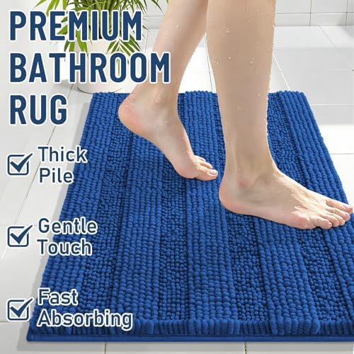 Grandaily Chenille Striped Bathroom Rugs 36x24, Extra Thick and Soft Absorbent Bath Mats, Rubber Backing, Plush Shaggy Shower Carpet, Machine Wash Dry, Bath Rug for Bathroom, Deep Navy Blue