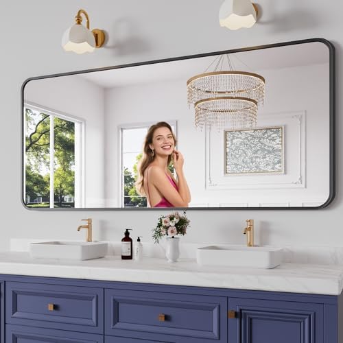 Koonmi Bathroom Mirror, 32X72 Brushed Black Rectangle Wall Mirror, HD Tempered Glass, Anti-Rust Frame Vanity Mirror, Rounded Rectangle Mirror for Restroom, Bedroom, Hangs Horizontal or Vertical