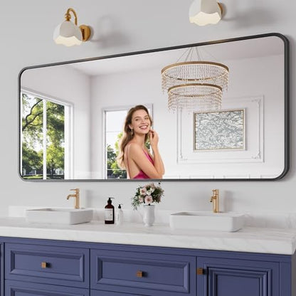 Koonmi Bathroom Mirror, 32X72 Brushed Black Rectangle Wall Mirror, HD Tempered Glass, Anti-Rust Frame Vanity Mirror, Rounded Rectangle Mirror for Restroom, Bedroom, Hangs Horizontal or Vertical