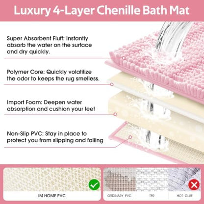 ACCUMTEK Christmas Striped Pink Bathroom Rug Mat Set 2 piece 32"x20"+24"x17" Ultra Soft, Non Slip Chenille Bath Rugs, Absorbent Plush Shaggy Bath Mats for Bathroom, Bedroom, Kitchen, Shower, Tub