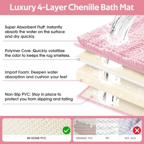 ACCUMTEK Christmas Striped Pink Bathroom Rug Set 3 Pieces Ultra Soft, Non Slip Chenille Toilet Mat, Absorbent Plush Shaggy Bath Mats for Bathroom, Bedroom, Kitchen