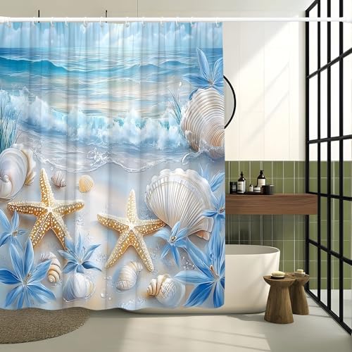 Beach Starfish Shower Curtain Sea Waves Seacoast Scenery with Sand with Various Seashells Scallop Conch Tropics Seaside Summer Coastal Ocean Theme Decorative Curtain with Polyester Fabric