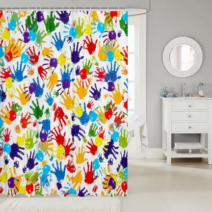 Feelyou Cute Handprint Shower Curtain Kids Boys Girls Watercolor Rainbow Bathroom Waterproof Accessories with 12 Hooks 72x78 Inches Modern Colorful Hand Shapes Abstract Decoration