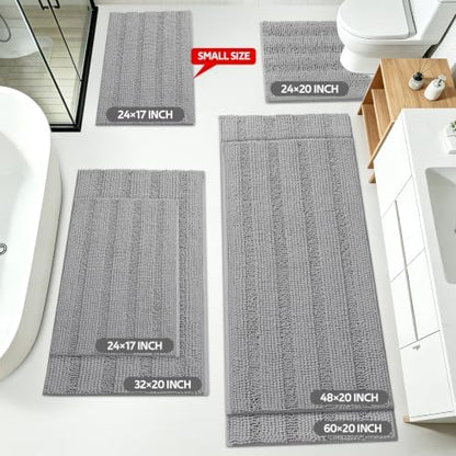 ACCUMTEK Striped Light Grey Toilet Bathroom Rug Mat Set 2 piece Rug Ultra Soft, Non Slip Chenille Bath Rugs, Absorbent Plush Shaggy Bath Mats for Bathroom, Bedroom, Kitchen, Shower, Tub