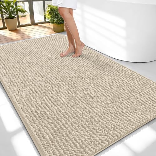 OLANLY Thick Chenille Large Bathroom Rugs 59x35, Absorbent Bath Mat, Sand