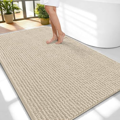 OLANLY Thick Chenille Large Bathroom Rugs 59x35, Absorbent Bath Mat, Sand
