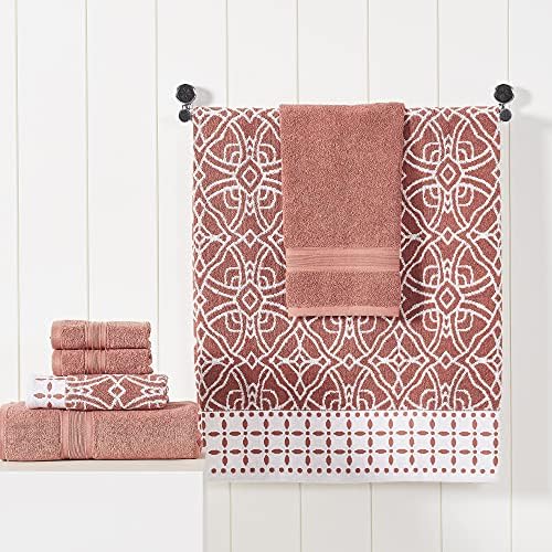 Modern Threads Monroe 6-Piece 100% Cotton Towel Set – Reversible Yarn Dyed Jacquard & Solid – Includes 2 Bath Towels, 2 Hand Towels, 2 Washcloths – Absorbent, Quick Dry, Soft & Durable – Clay
