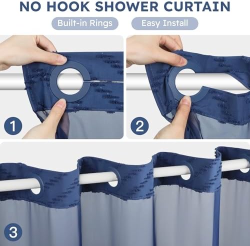 FADOTY Blue No Hook Shower Curtain Set with Snap in Liner, 71'' x 74''