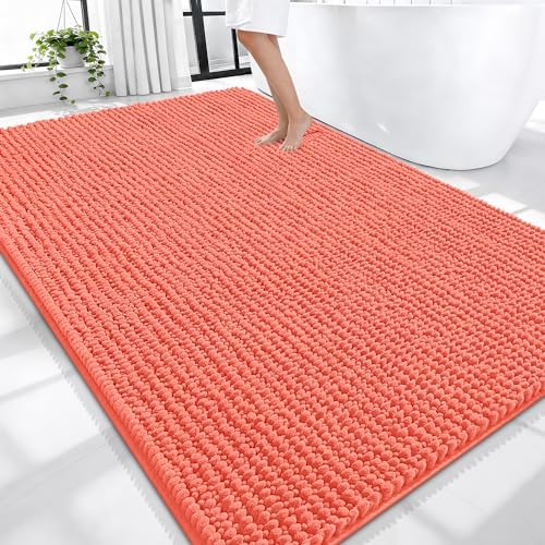 OLANLY Thick Chenille Large Bathroom Rugs 70x46, Absorbent Bath Mat, Coral