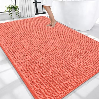 OLANLY Thick Chenille Large Bathroom Rugs 70x46, Absorbent Bath Mat, Coral