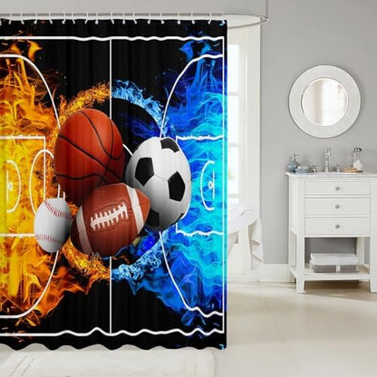 jejeloiu Ball Games Bath Curtain Boys Girls 72"x78" Ice Fire Ball Shower Curtain for Kids Women Men Waterproof Football Bathroom Shower Curtain Set Sports Game Kids Bathroom Accessories