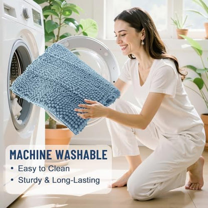 Grandaily Chenille Striped Bathroom Rugs 70x24, Extra Thick and Soft Absorbent Bath Mats, Rubber Backing, Plush Shaggy Shower Carpet, Machine Wash Dry, Bath Rug for Bathroom, Airy Blue