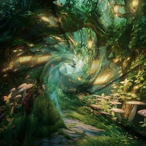Fantasy Forest Path Shower Curtain Fairy Magical Enchanted Misty Jungle Mushroom Floral Tree Butterfly Lantern Wonderland Bath Curtain Fabric Bathroom Accessories Decor with Hooks 35W x70L