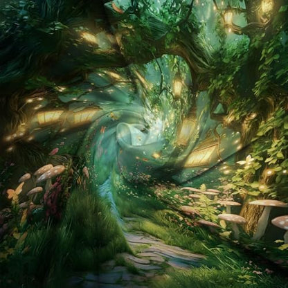 Fantasy Forest Path Shower Curtain Fairy Magical Enchanted Misty Jungle Mushroom Floral Tree Butterfly Lantern Wonderland Bath Curtain Fabric Bathroom Accessories Decor with Hooks 35W x70L