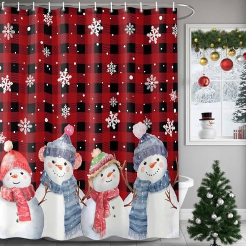 Christmas Snowman Shower Curtain Bathroom Set Red Black Buffalo Plaid Waterproof Shower Curtains with Grommets Hooks Xmas Snowflakes Privacy Bath Curtain for Bathtub Decor 72x72in
