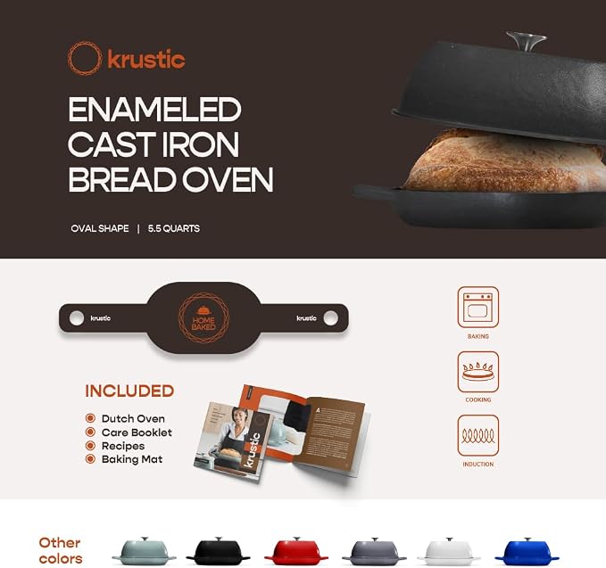 Krustic Enameled Cast Iron Dutch Oven for Professional Sourdough Bread Baking | 5.5 Quart Loaf Size Oval Cookware Pot with Lid | Triple-Layer Enamel Coating Pan with Non Stick Silicone Mat | Black