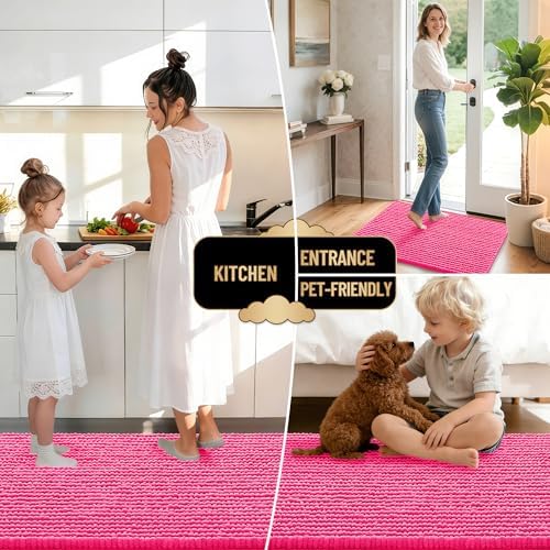 OLANLY Thick Chenille Absorbent Bathroom Rugs Mat 36x24, Hot Pink