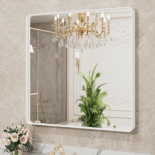 LOAAO 30x30 Inch White Metal Framed Bathroom Mirror for Wall