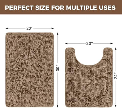 Bcoimo U Shaped Bath Rug Mat Set,2 Piece Chenille Latte Toilet Bathroom Rug