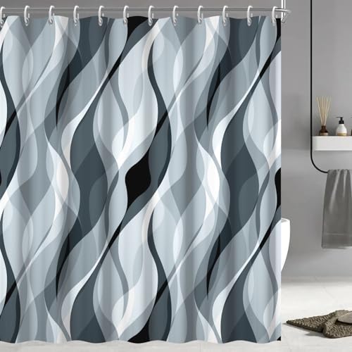 Blue Striped Shower Curtain with Hooks for Bathroom 72x72 Inch