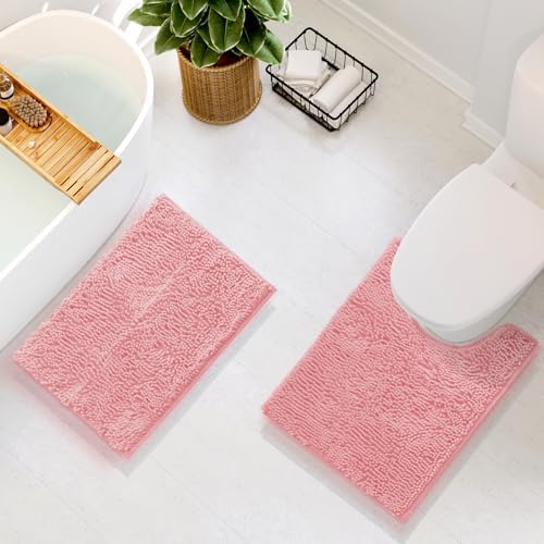 Hearth & Harbor Bathroom Rugs, Chenille Bath Mat - Machine Washable Bath Mats for Bathroom Non-Slip Backing Rubber, Quick Dry Bathroom Mat, 17 x 24 + 20 x 24 - Pink