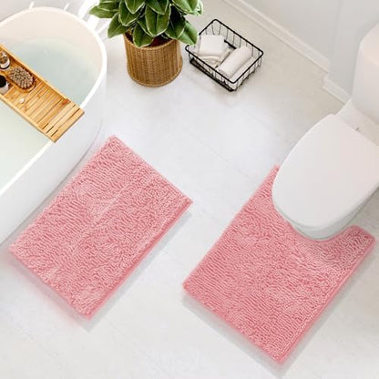 Hearth & Harbor Bathroom Rugs, Chenille Bath Mat - Machine Washable Bath Mats for Bathroom Non-Slip Backing Rubber, Quick Dry Bathroom Mat, 17 x 24 + 20 x 24 - Pink