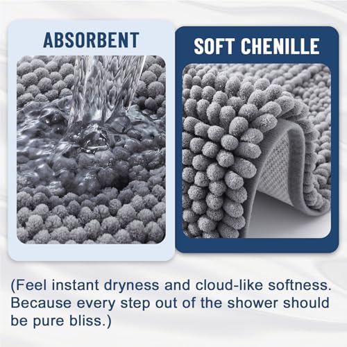 Grandaily Chenille Striped Bathroom Rugs 47x17, Extra Thick and Soft Absorbent Bath Mats, Rubber Backing, Plush Shaggy Shower Carpet, Machine Wash Dry, Bath Rug for Bathroom, Grey