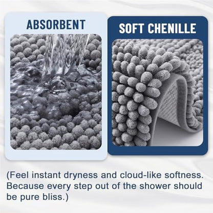 Grandaily Chenille Striped Bathroom Rugs 47x17, Extra Thick and Soft Absorbent Bath Mats, Rubber Backing, Plush Shaggy Shower Carpet, Machine Wash Dry, Bath Rug for Bathroom, Grey