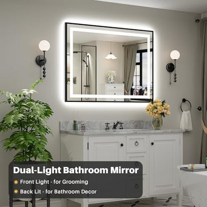 48x36 Inch LED Bathroom Mirror with Black Frame, Backlit & Front Lit