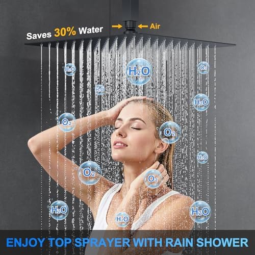 Shower Faucet Set, 12" Ceiling Mount Rainfall Shower System with 12'' Top Head+6'' Side Head and Multi-function Handheld Head Push Button Diverter Shower Faucet Trim Kit (12", Matte Black)