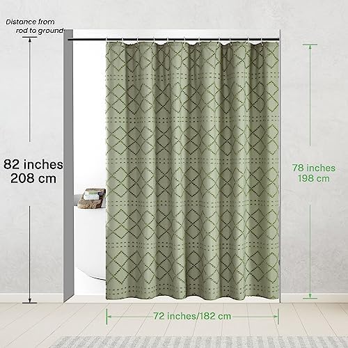 Siiluminisoy Extra Long Sage Green Boho Shower Curtain Woven Fabric Cute Shower Curtain, 72 x 78 Tufted Chevron Textured Striped Modern Farmhouse Minimalist Cloth Shower Curtains for Bathroom