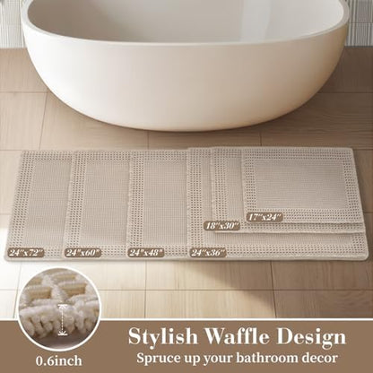 RESARE Waffle Bathroom Runner Rugs, Non Slip Boho Bath Mat 24x60 Pale Beige
