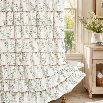 Yinhua Farmhouse Ruffle Shower Curtains with Green Floral, 72" Wx72 L