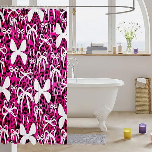 jejeloiu Cute Bowknot Shower Curtain for Bathroom Decor 72"x72" Pink Black Leopard Bath Curtain Kawaii Girls Bow Bathroom Accessories Waterproof Polyester Fabric for Stalls Bathtubs Princess Decor