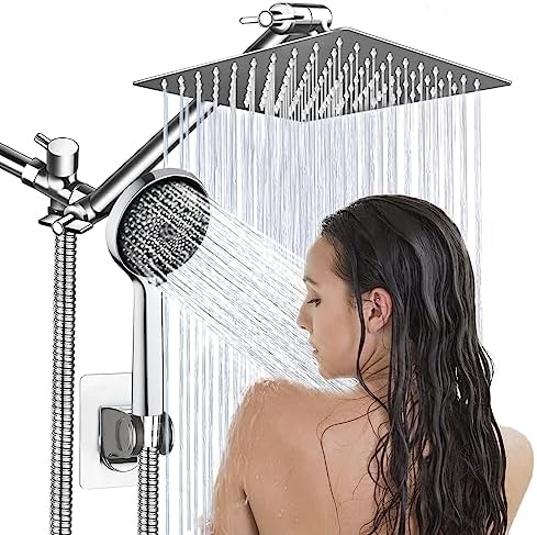 Shower Head,8”Rain Shower Head with Handheld Spray Combo with 11'' Angle Adjustable Extension Arm/Flow Regulator/Shower System,High Pressure Rainfall Shower Head Bathroom,Chrome