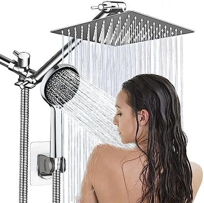 Shower Head,8”Rain Shower Head with Handheld Spray Combo with 11'' Angle Adjustable Extension Arm/Flow Regulator/Shower System,High Pressure Rainfall Shower Head Bathroom,Chrome