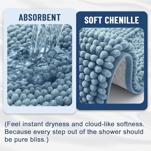 Grandaily Chenille Striped Bathroom Rugs 44x24, Extra Thick and Soft Absorbent Bath Mats, Rubber Backing, Plush Shaggy Shower Carpet, Machine Wash Dry, Bath Rug for Bathroom, Airy Blue