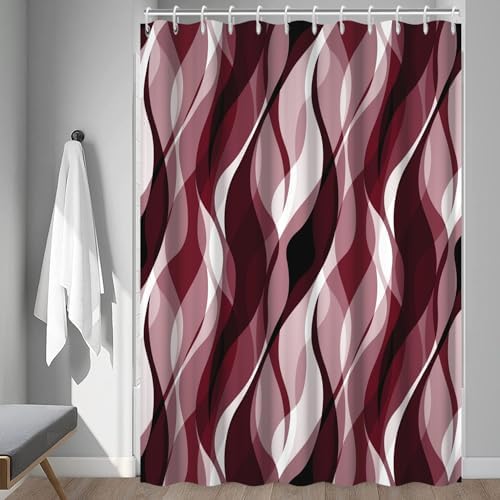 Burgundy Striped Shower Curtain with Hooks for Bathroom 72x84 Inch
