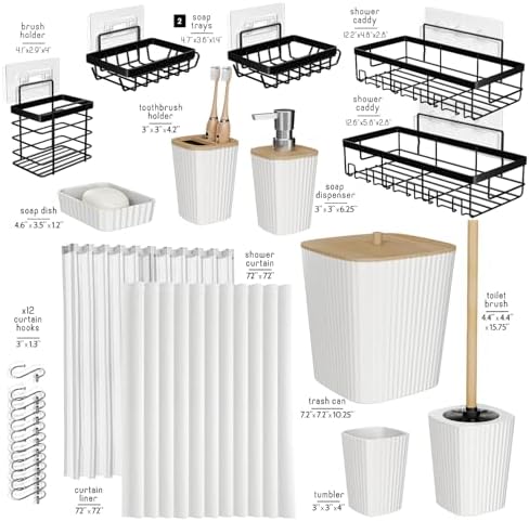 Clara Clark Bathroom Accessories Set - Bathroom Set with Adhesive Corner Shower Caddy Hanging, 25PC Bathroom Accessory Set, White Shower Curtain Set, Toilet Brush, Trash Can & Soap Dispenser