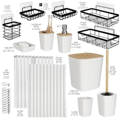 Clara Clark Bathroom Accessories Set - Bathroom Set with Adhesive Corner Shower Caddy Hanging, 25PC Bathroom Accessory Set, White Shower Curtain Set, Toilet Brush, Trash Can & Soap Dispenser