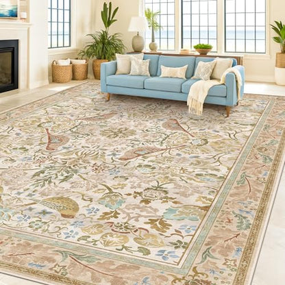 Large Washable Living Room Rug 8x12 - Beige Floral Area Rugs for Bedroom Under Bed, Dining Room Table Rug, Neutral Farmhouse Décor with Light Blue and Green Accent, Non-Slip Stain & Fade Resistant