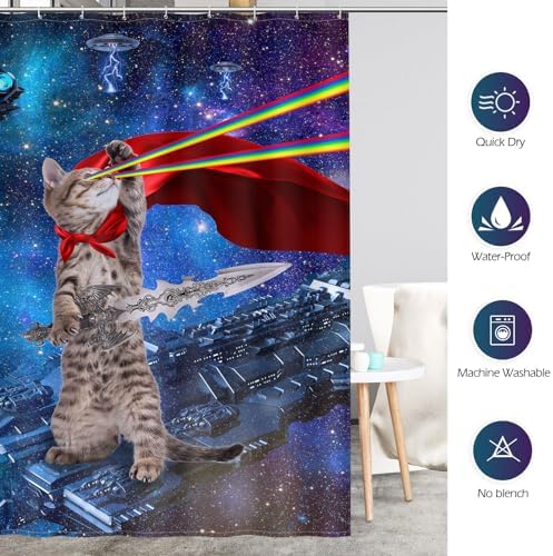 Aimego Long Funny Shower Curtain - Cute Cool Cat on Fantasy Outer Space Galaxy Universe UFO Fun Fabric Cloth Shower Curtain Set with 12 Hooks for Bathroom Decor Accessories Bathtub Curtain, 72"x78"
