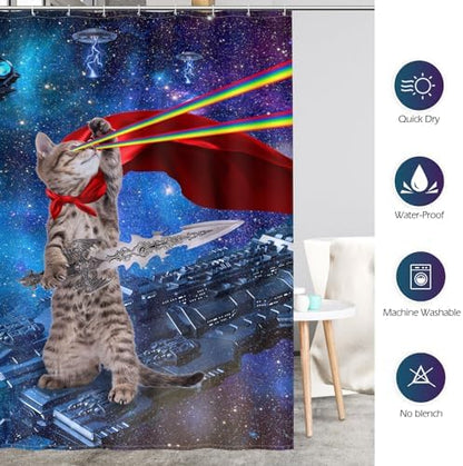 Aimego Long Funny Shower Curtain - Cute Cool Cat on Fantasy Outer Space Galaxy Universe UFO Fun Fabric Cloth Shower Curtain Set with 12 Hooks for Bathroom Decor Accessories Bathtub Curtain, 72"x78"