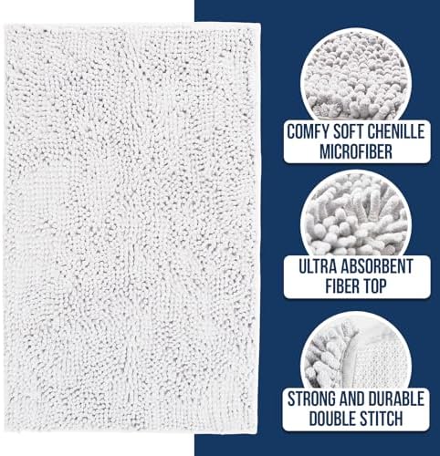 Muddy Mat® | Chenille Bathroom Rugs Quick Dry Microfiber Mats Non Slip Washable, Extra Thick, Soft and Highly Absorbent Bath Mats for Bathroom, Kitchen, and Shower Floor - White 24"x35"