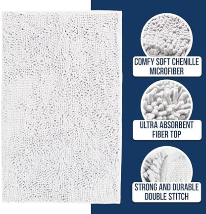 Muddy Mat® | Chenille Bathroom Rugs Quick Dry Microfiber Mats Non Slip Washable, Extra Thick, Soft and Highly Absorbent Bath Mats for Bathroom, Kitchen, and Shower Floor - White 18"x28"
